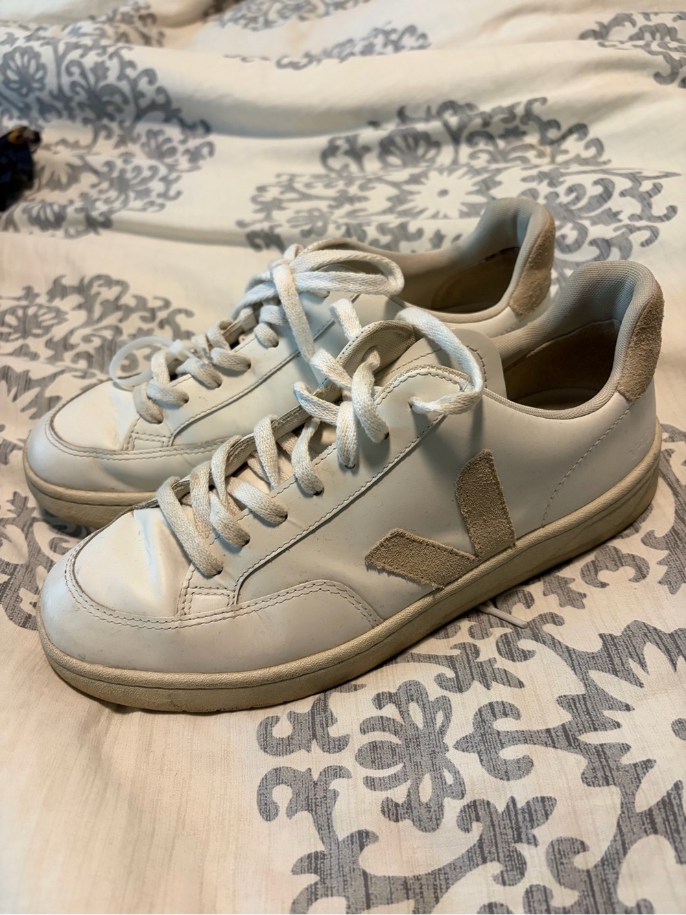 Veja White Leather and  Suede Accent Sneakers